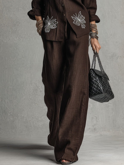 Sabina | Komplett Hemd mit Stickerei und Weitenhose, Braun