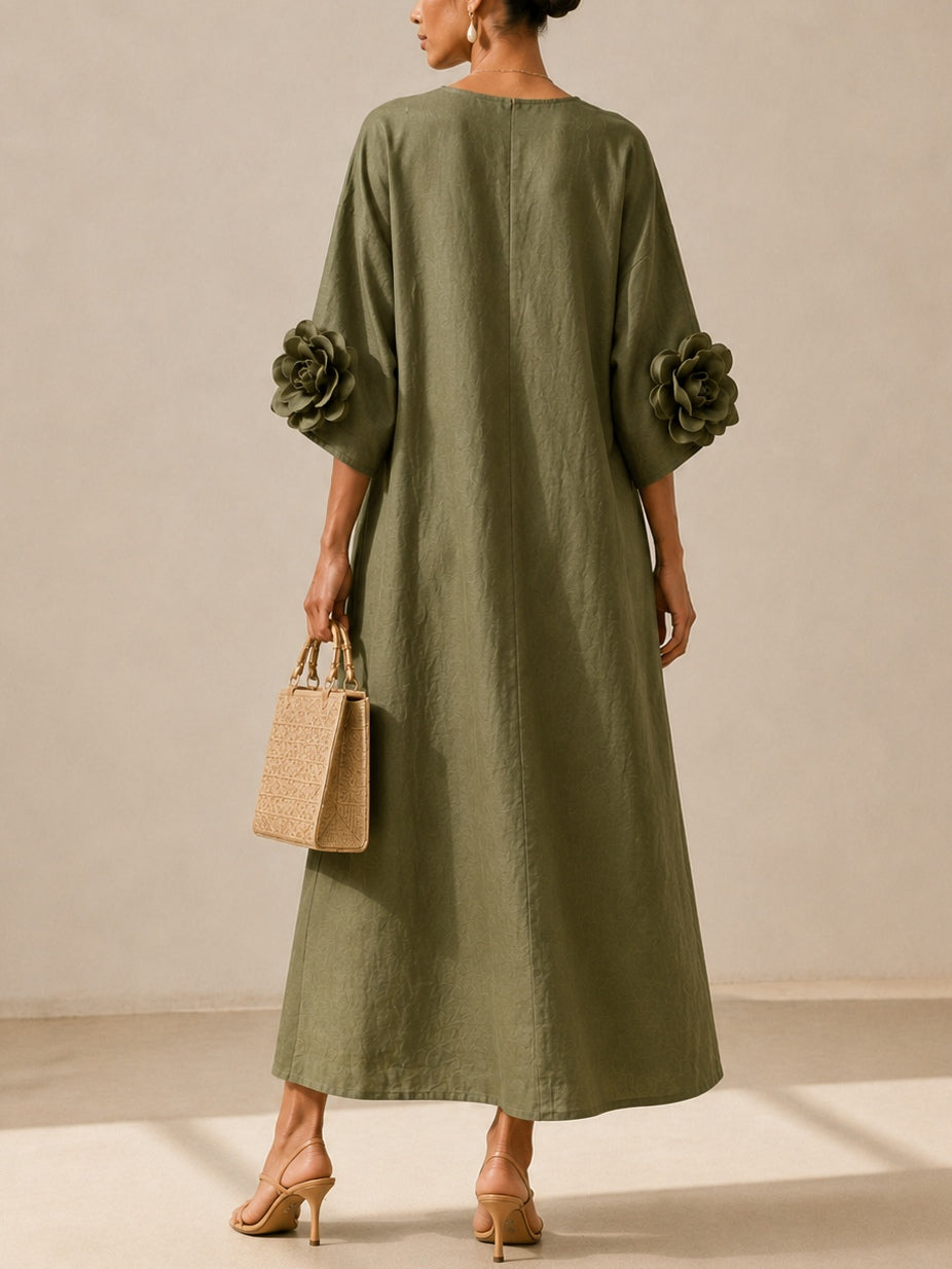 Floriana | Midi-Kleid mit Aufgenähten Blumen an den Ärmeln, Olivgrün