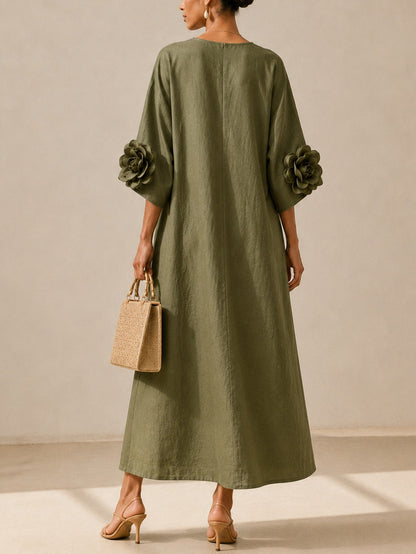 Floriana | Midi-Kleid mit Aufgenähten Blumen an den Ärmeln, Olivgrün