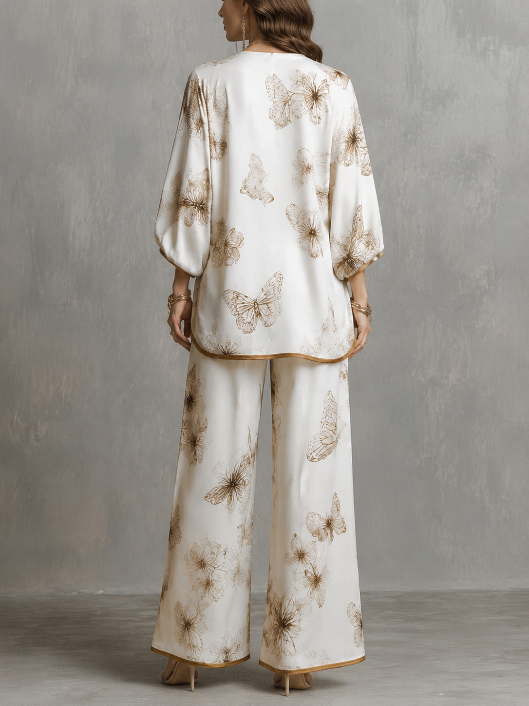 Eloisa | Komplettes Blusenset mit Schmetterlingen und Palazzo-Hose, Elfenbein