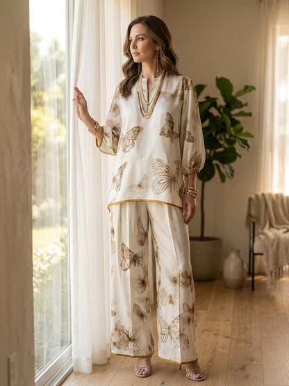 Eloisa | Komplettes Blusenset mit Schmetterlingen und Palazzo-Hose, Elfenbein