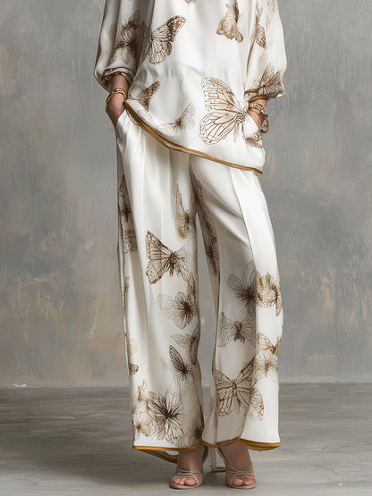 Eloisa | Komplettes Blusenset mit Schmetterlingen und Palazzo-Hose, Elfenbein