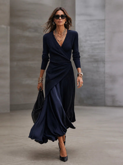 Tamara | Maxikleid mit Wickeloberteil und Satinrock, Marineblau