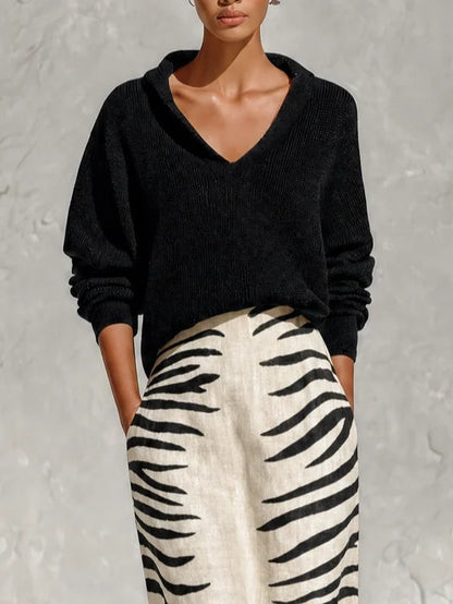Vittoria | Komplettset Oberteil und Midirock mit Zebra-Muster, Schwarz