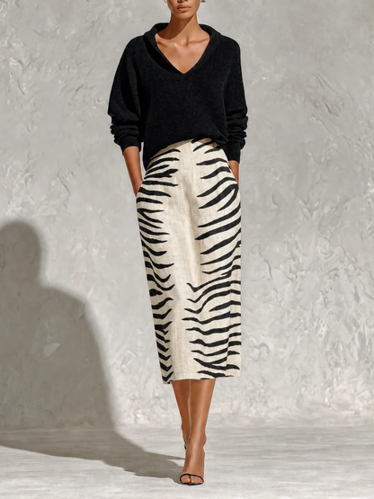 Vittoria | Komplettset Oberteil und Midirock mit Zebra-Muster, Schwarz