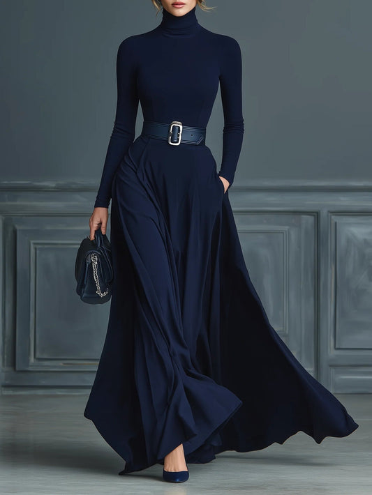 Elsa | Langes Strickkleid mit hohem Kragen und weitem Rock, Marineblau