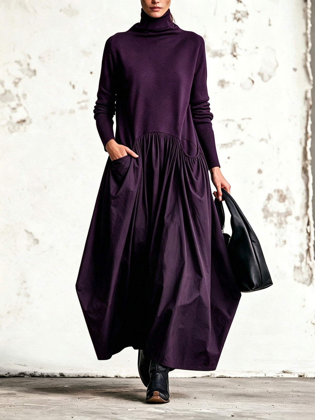 Ilaria | Maxikleid Oversize mit hohem Kragen und Taschen