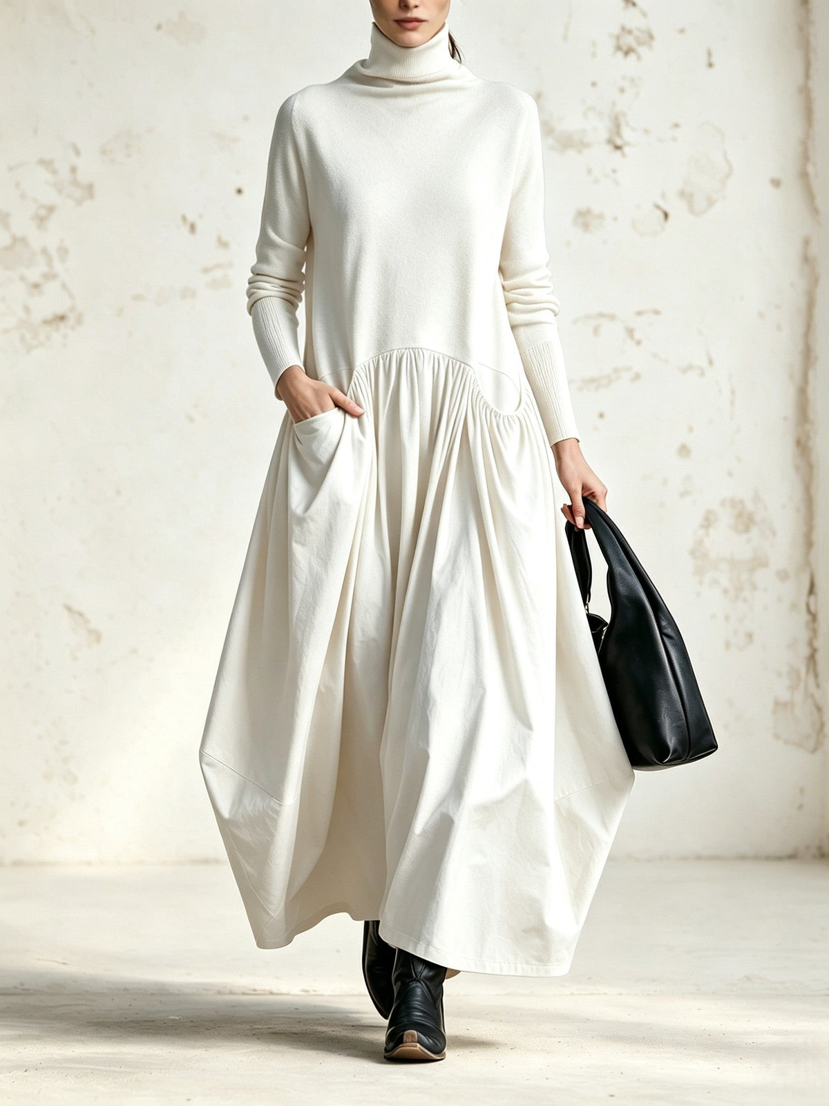 Ilaria | Maxikleid Oversize mit hohem Kragen und Taschen