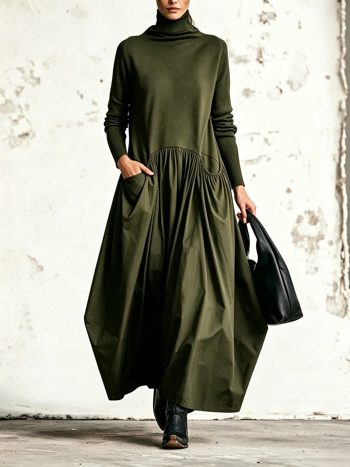 Ilaria | Maxikleid Oversize mit hohem Kragen und Taschen