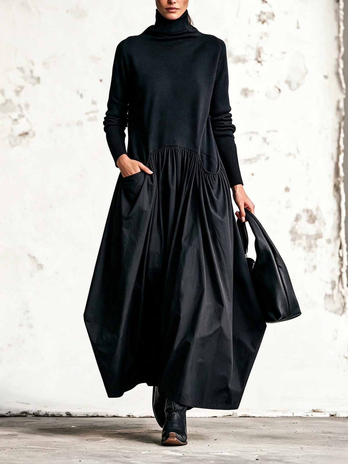 Ilaria | Maxikleid Oversize mit hohem Kragen und Taschen