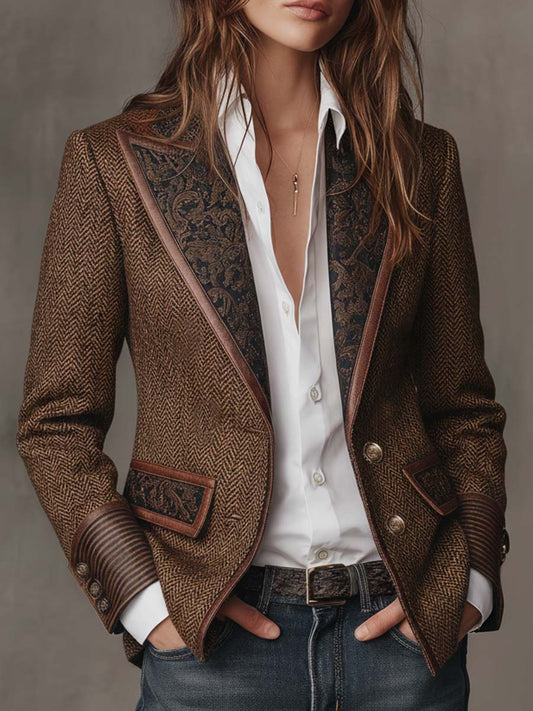 Gisèle | Blazer aus Fischgrätstoff mit Paisley-Revers, Braun
