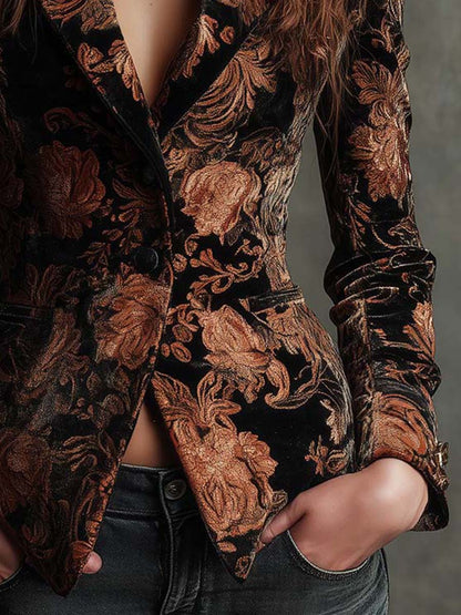 Bertille | Blazer aus floralem Jacquard-Velours, Schwarz und Bronze