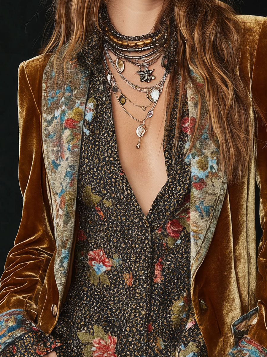 Séverine | Blazer aus Vintage-Patchwork-Velours in Senfgelb