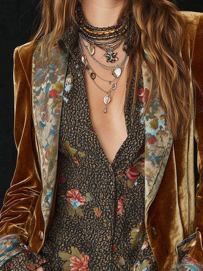 Séverine | Blazer aus Vintage-Patchwork-Velours in Senfgelb
