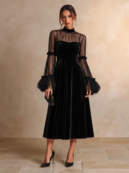 Berenice | Midi-Kleid aus Samt mit Tüllärmeln, Schwarz