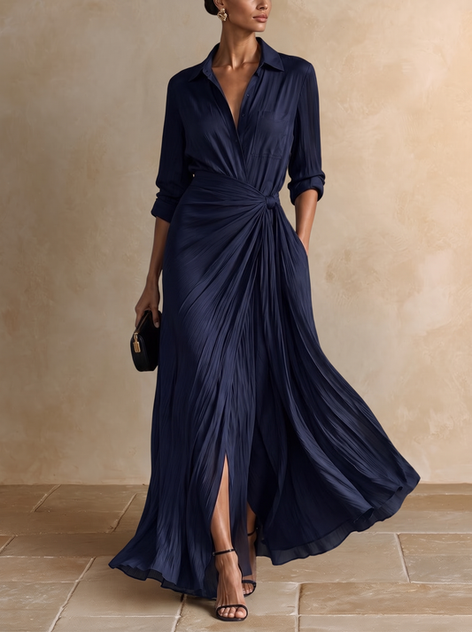 Allegra | Chemisier Maxikleid mit Knoten in der Taille, Marineblau