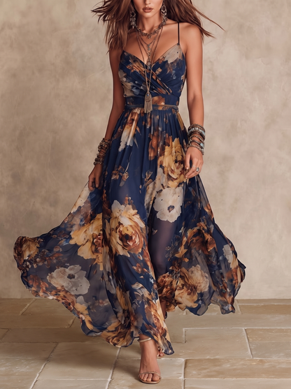 Melissa | Maxikleid aus Chiffon mit Blumenmuster und dünnen Trägern, Marineblau