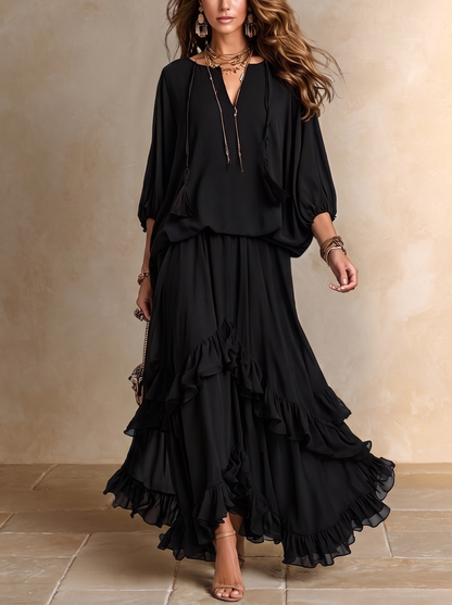 Annalisa | Komplett-Top aus Chiffon und Rüschenshirt, Schwarz