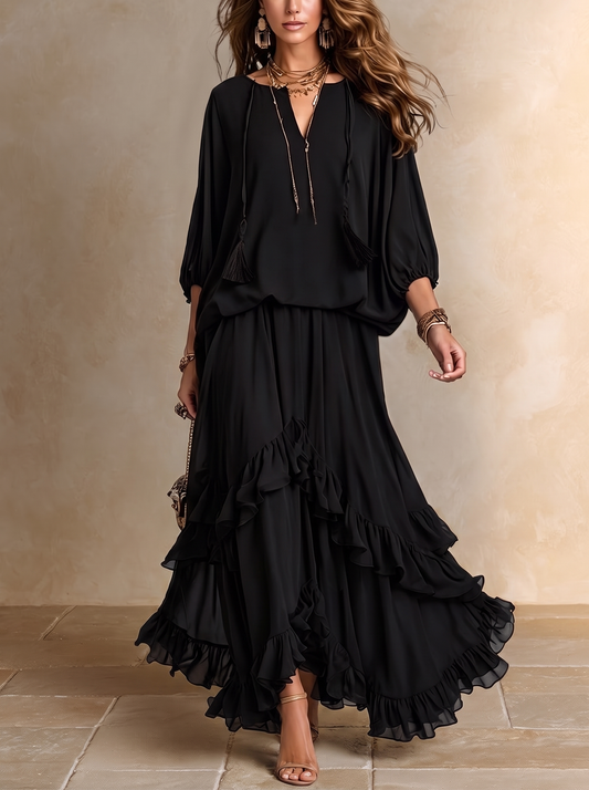 Annalisa | Komplett-Top aus Chiffon und Rüschenshirt, Schwarz