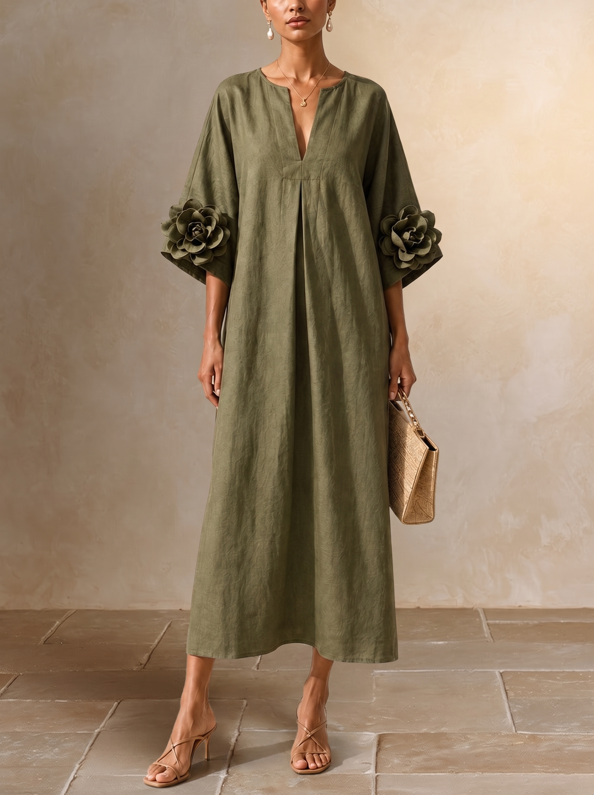 Floriana | Midi-Kleid mit Aufgenähten Blumen an den Ärmeln, Olivgrün