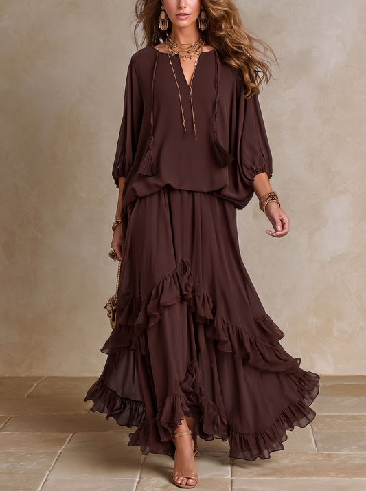 Dalila | Komplett-Set aus Chiffon mit Rüschenshirt und Rock, Schokolade