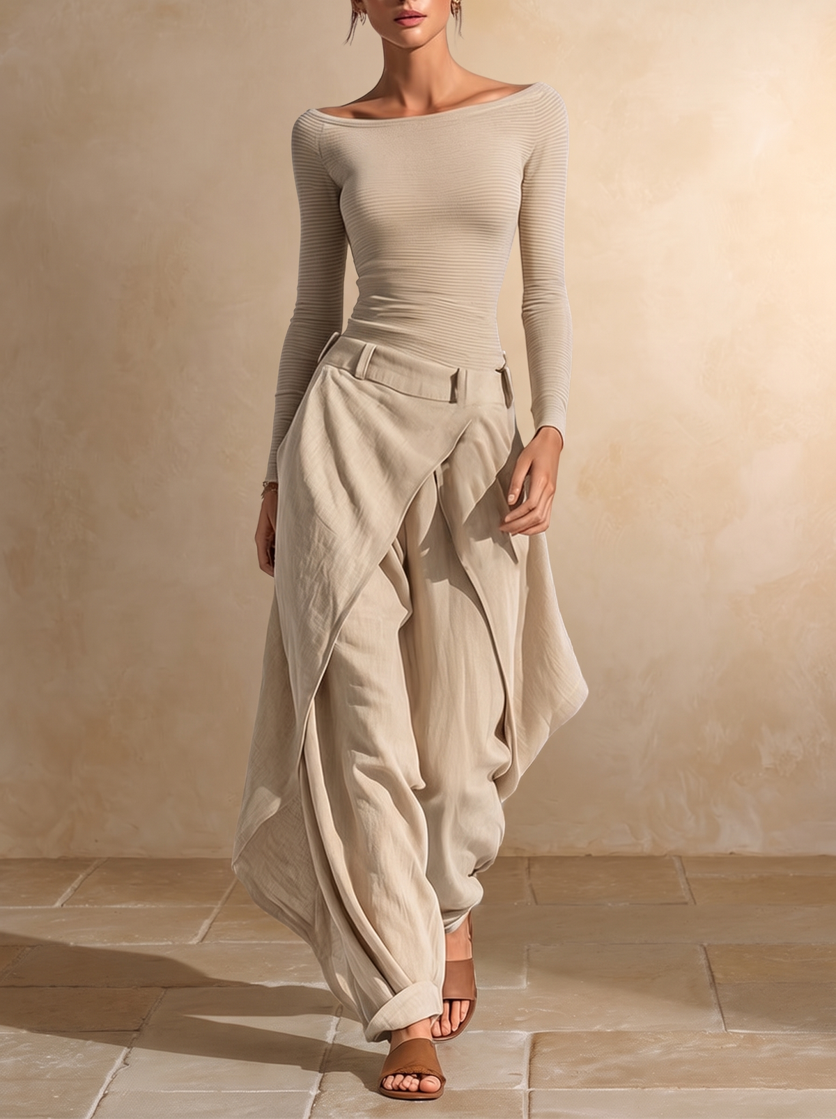 Orsola | Komplett-Set mit Bootsausschnitt-Top und gestuften Hosen, Beige