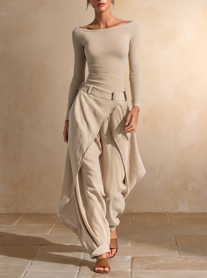 Orsola | Komplett-Set mit Bootsausschnitt-Top und gestuften Hosen, Beige