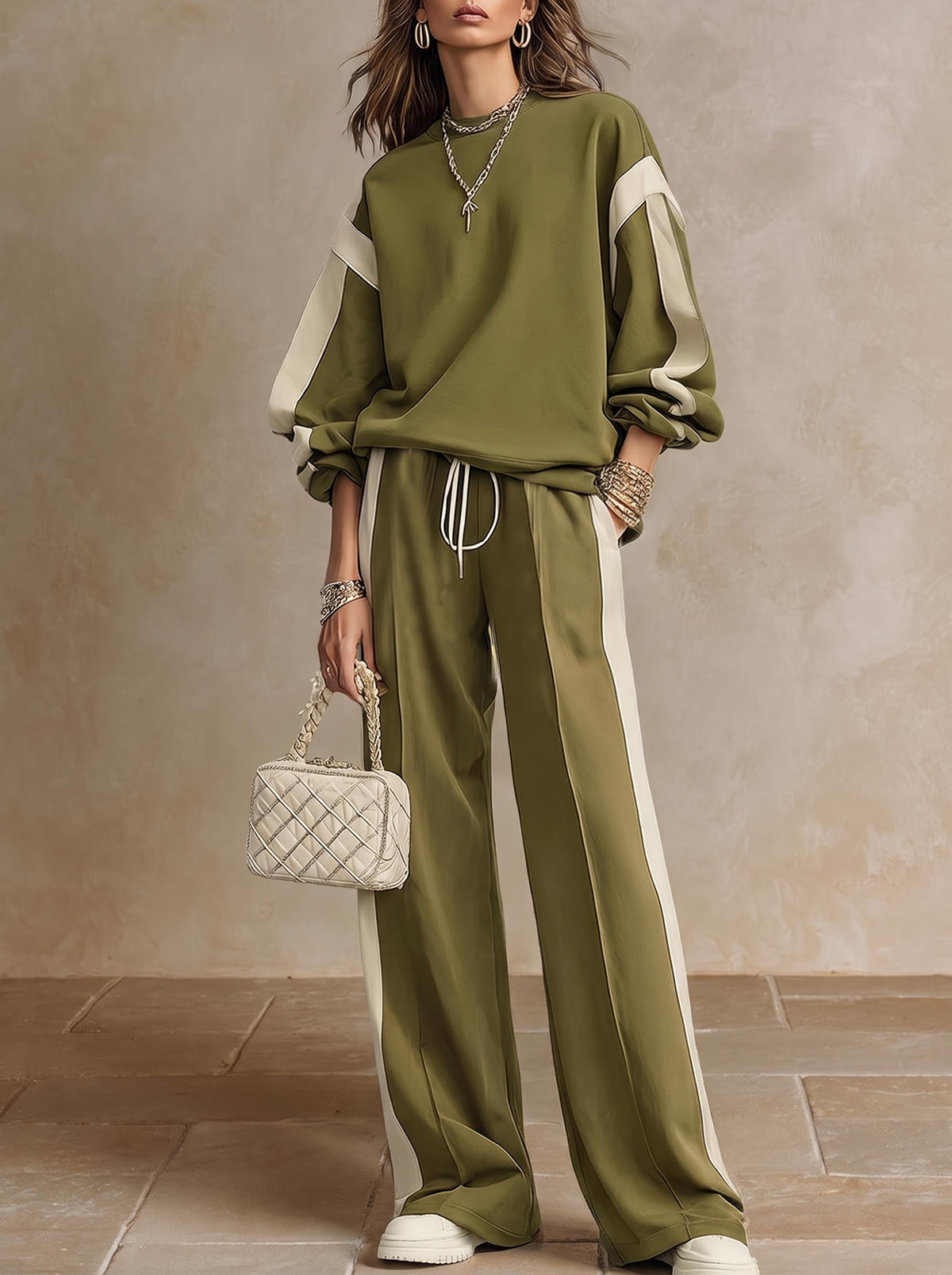 Romina | Komplettset aus Sweatshirt und Hose mit seitlichem Band, Olivgrün