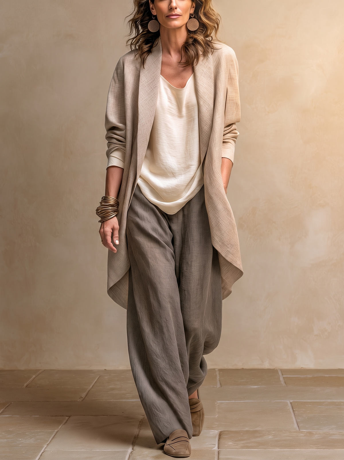 Flaminia | Dreiteiliges Set mit Palazzo-Hose, Beige und Grau