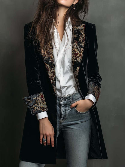Léontine | Langer Blazer aus Samt mit revers aus goldenem Brokat, Schwarz