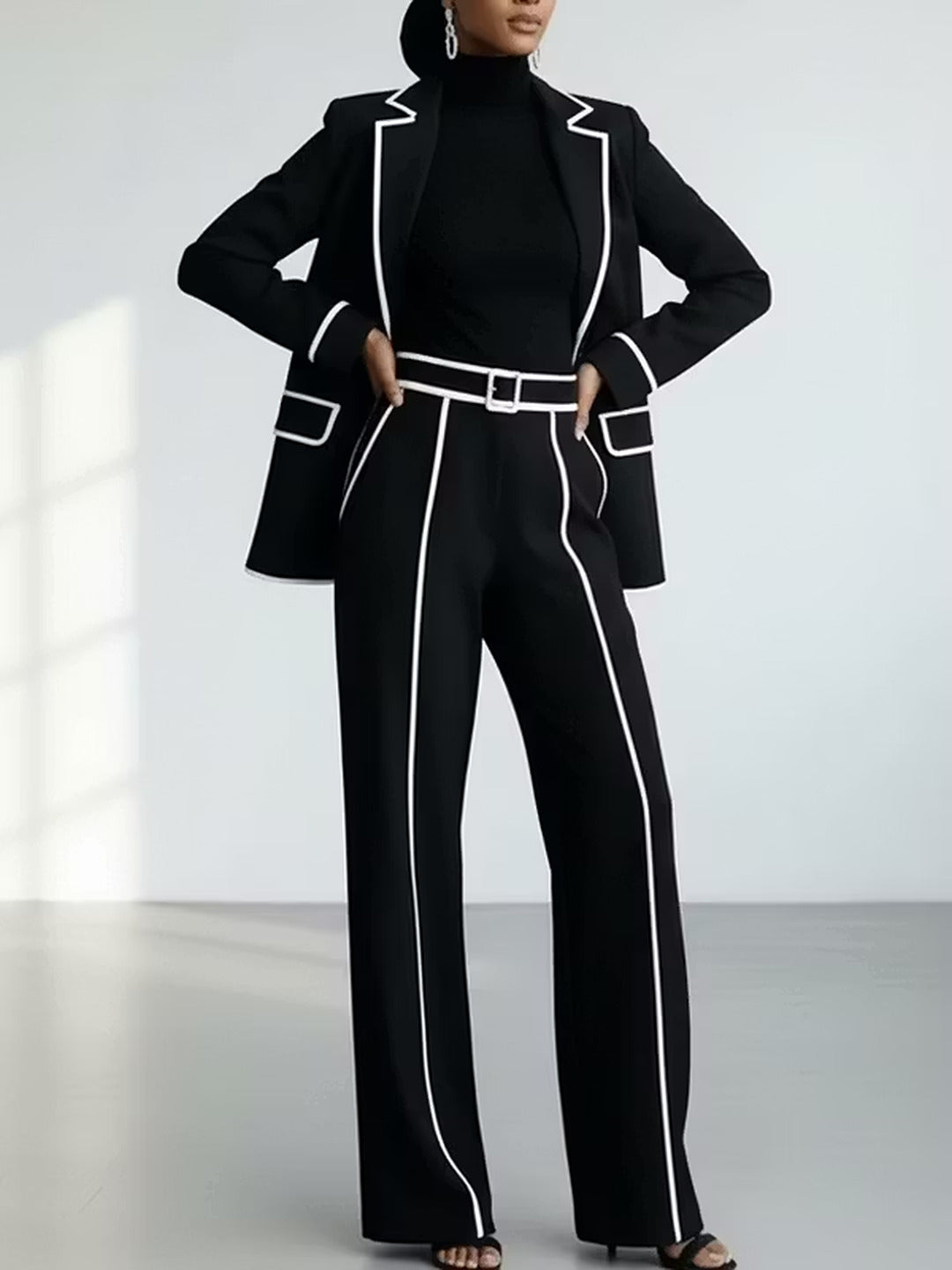 Clementina | Komplettanzug mit Blazer und Hose mit Kontrastprofil, Schwarz