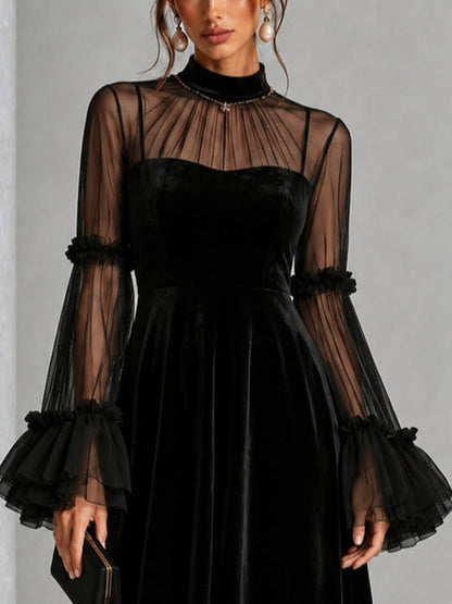 Berenice | Midi-Kleid aus Samt mit Tüllärmeln, Schwarz