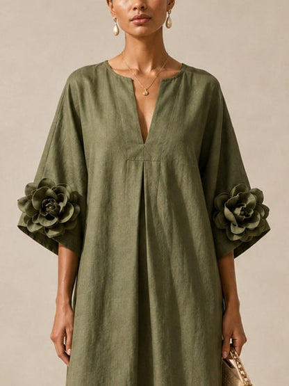 Floriana | Midi-Kleid mit Aufgenähten Blumen an den Ärmeln, Olivgrün
