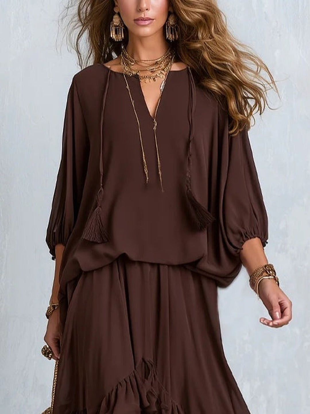 Dalila | Komplett-Set aus Chiffon mit Rüschenshirt und Rock, Schokolade