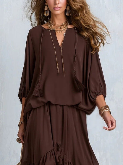 Dalila | Komplett-Set aus Chiffon mit Rüschenshirt und Rock, Schokolade