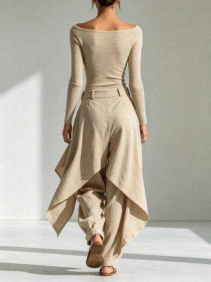 Orsola | Komplett-Set mit Bootsausschnitt-Top und gestuften Hosen, Beige