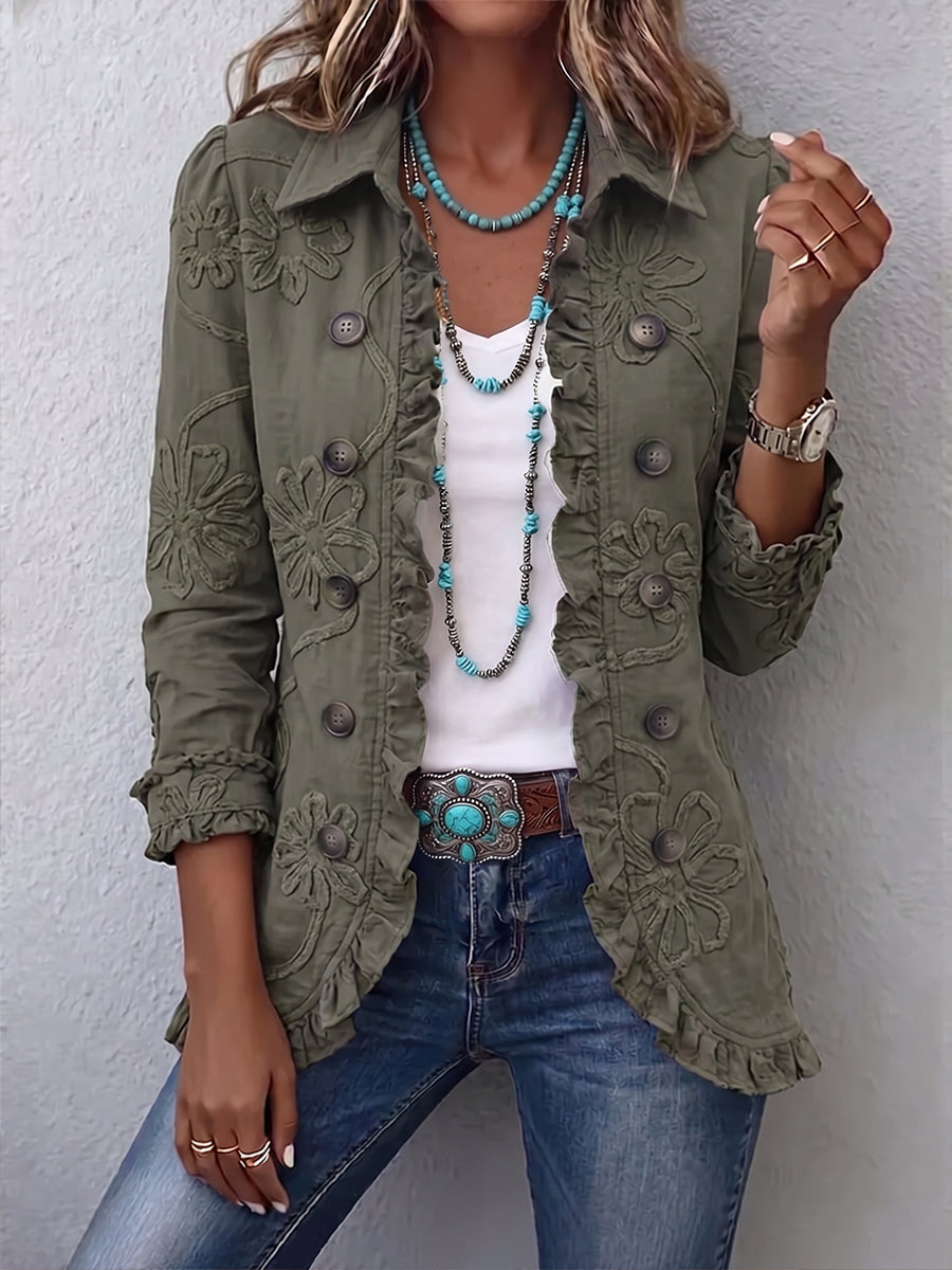 Faustine | Utility-Jacke mit floralem Stickerei und Volants, Olivgrün