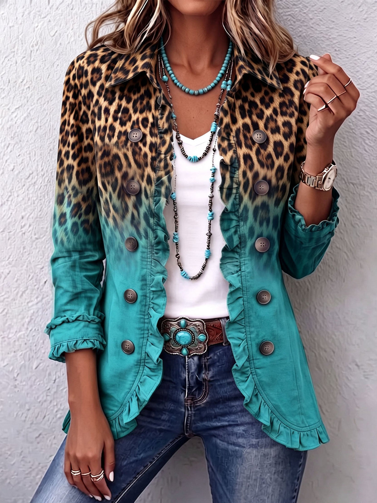 Cassandre | Blazer mit Volant und verlaufendem Leopardenmuster